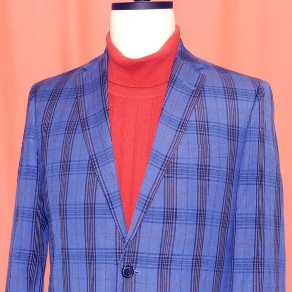 Ben Sherman 40-L Exquisite Blue Plaid Two Button Wool/Linen Blend Men's Blazer - Picture 2 of 4